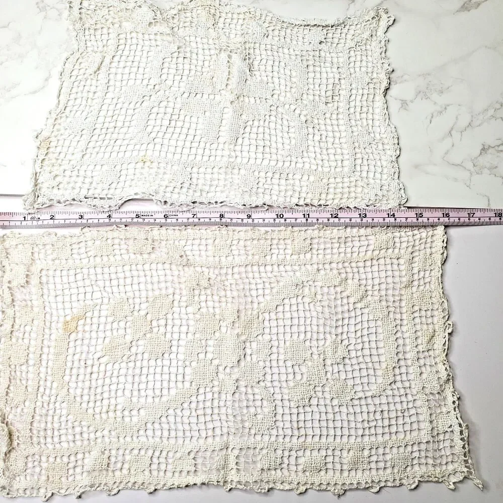 Antique Needle Lace Doilies 2 Cream Rectangle Handmade Floral Swirl Victorian